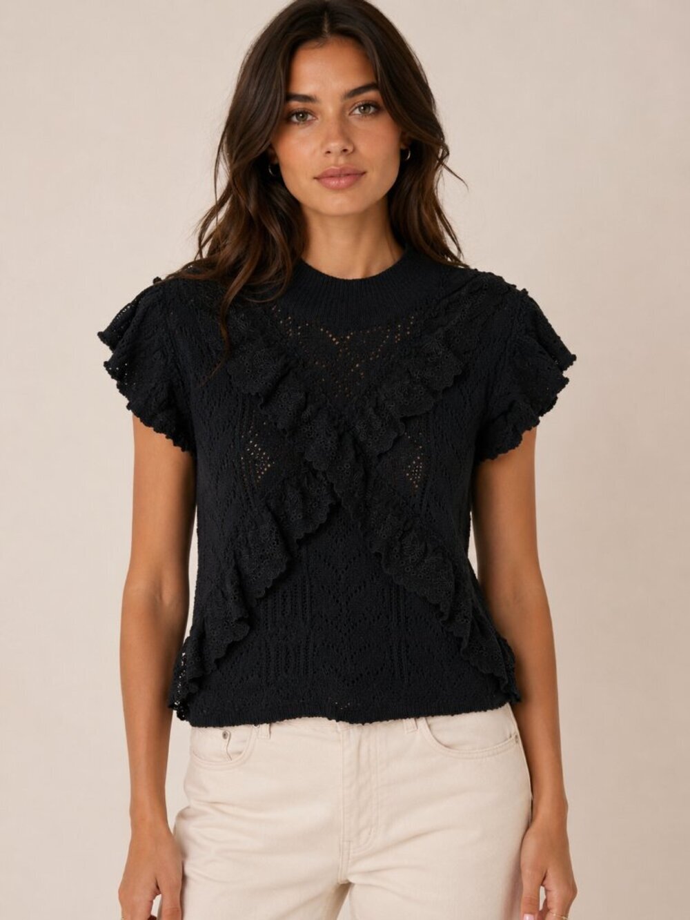 Title: Zara Black Knit Lace Ruffle Sweater Top Romantic Coquette Boho Size L